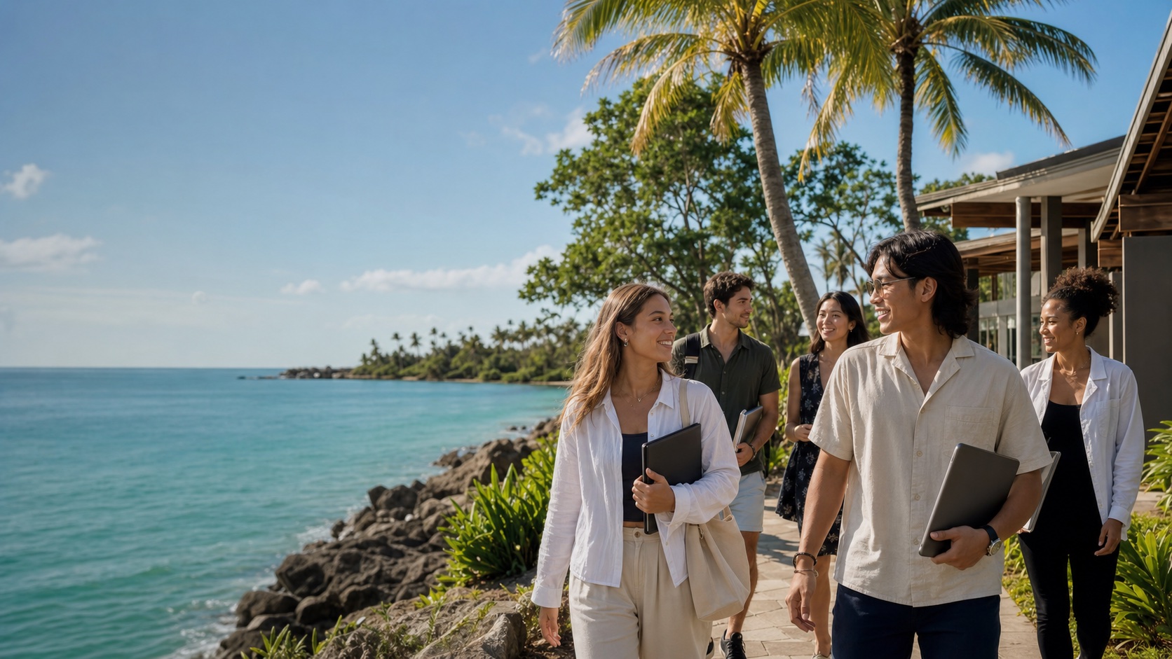 International students walking by the ocean in Fiji with notebooks and tablets