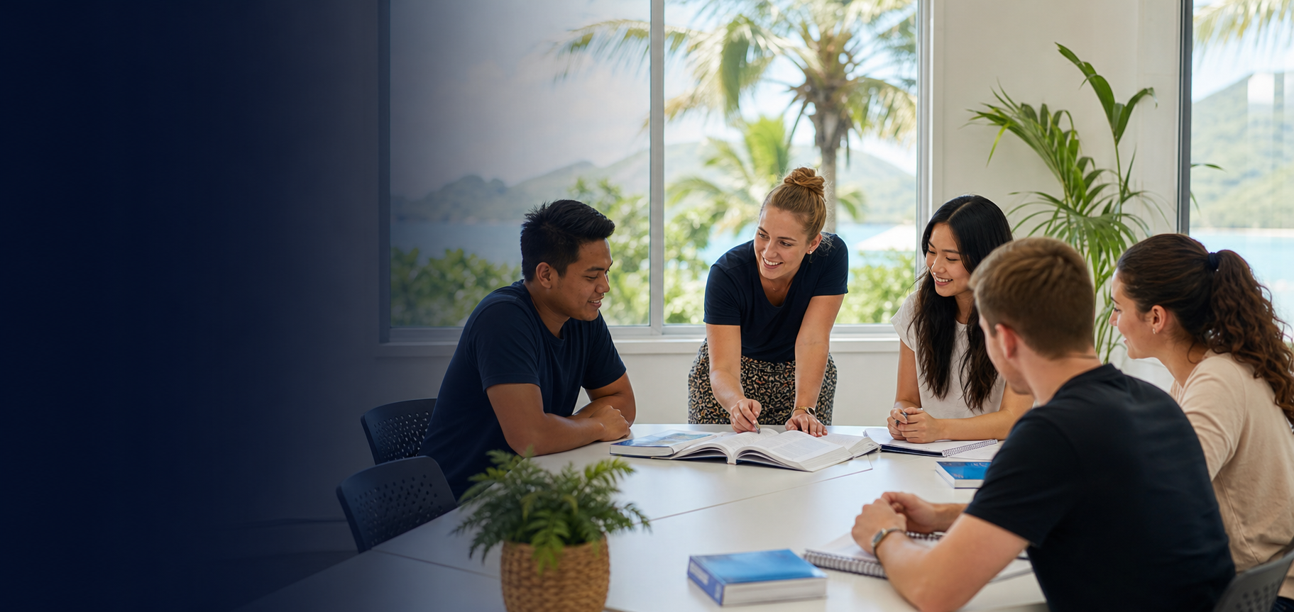 Students studying English in a bright academy classroom
